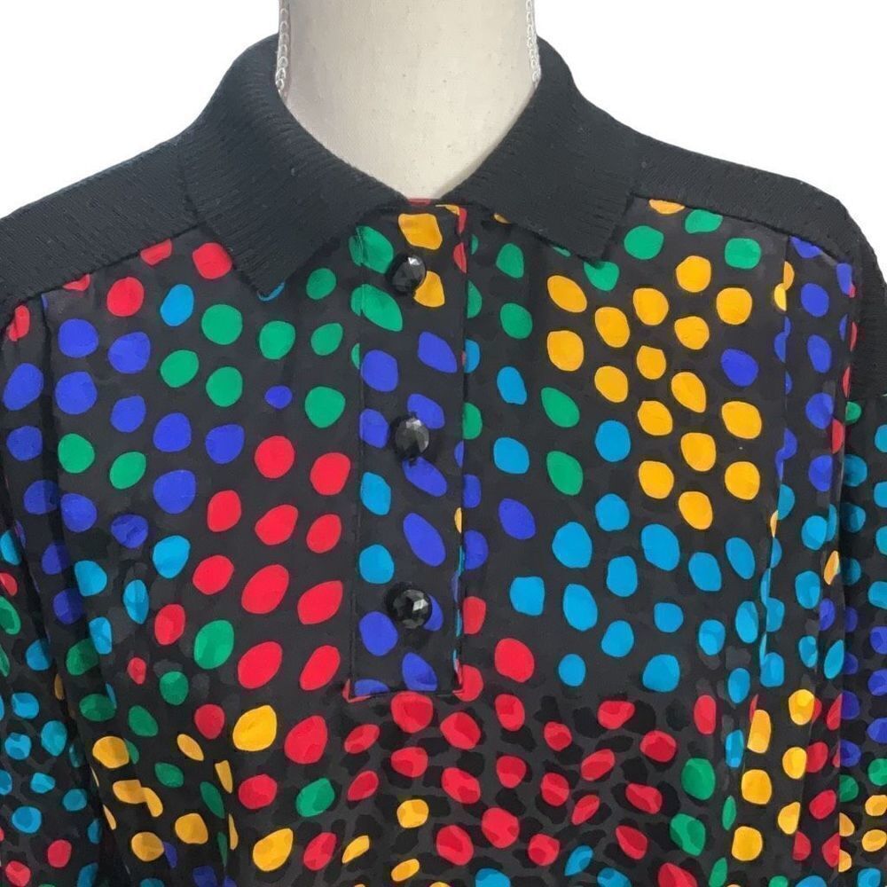 Adrianna Papell Vtg Silk Collared Long Sleeve Blouse Sweater hem Polka Dot Sz 14 - Picture 3 of 6